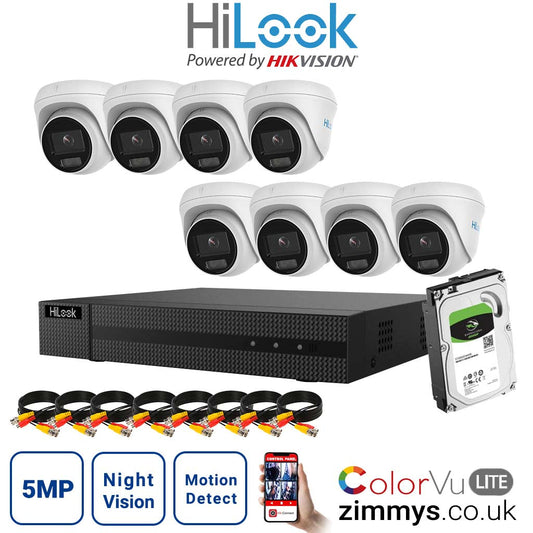 Hikvision Hilook 5MP CCTV Kit 8 Channel NVR (NVR-108MH-C-8P) with 8x Turret PoE ColorVu Camera(IPC-T259H) and 2TB HDD