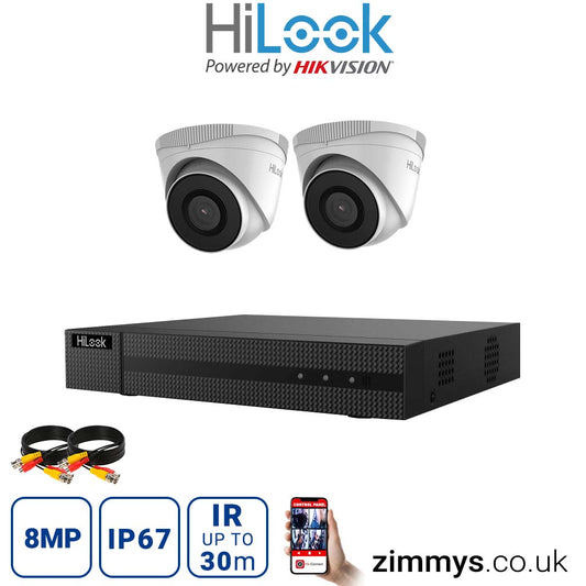 Hikvision HiLook 8MP CCTV Kit 4 Channel NVR (NVR-104MH-C) with 2x Turret (IPC-T280H White) without HDD