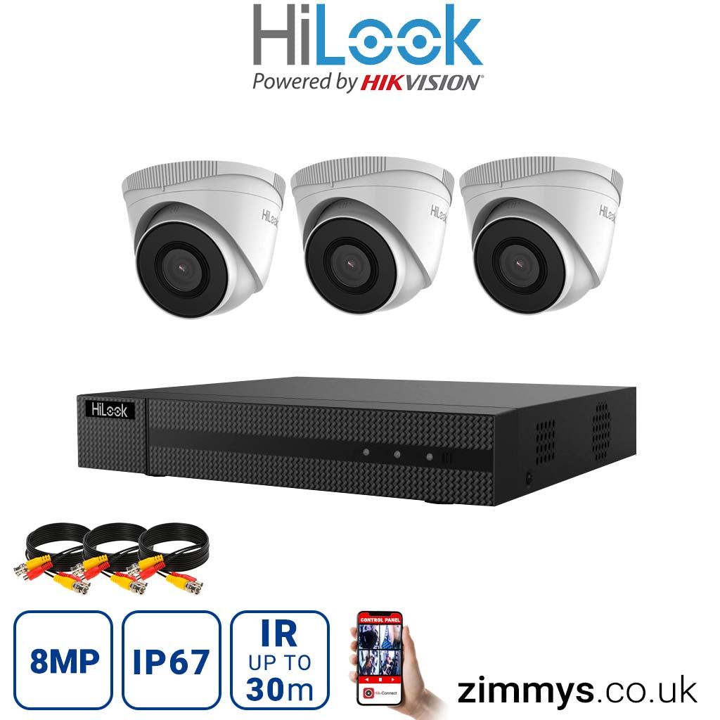 Hikvision HiLook 8MP CCTV Kit 4 Channel NVR (NVR-104MH-C) with 3x Turret (IPC-T280H White) without HDD