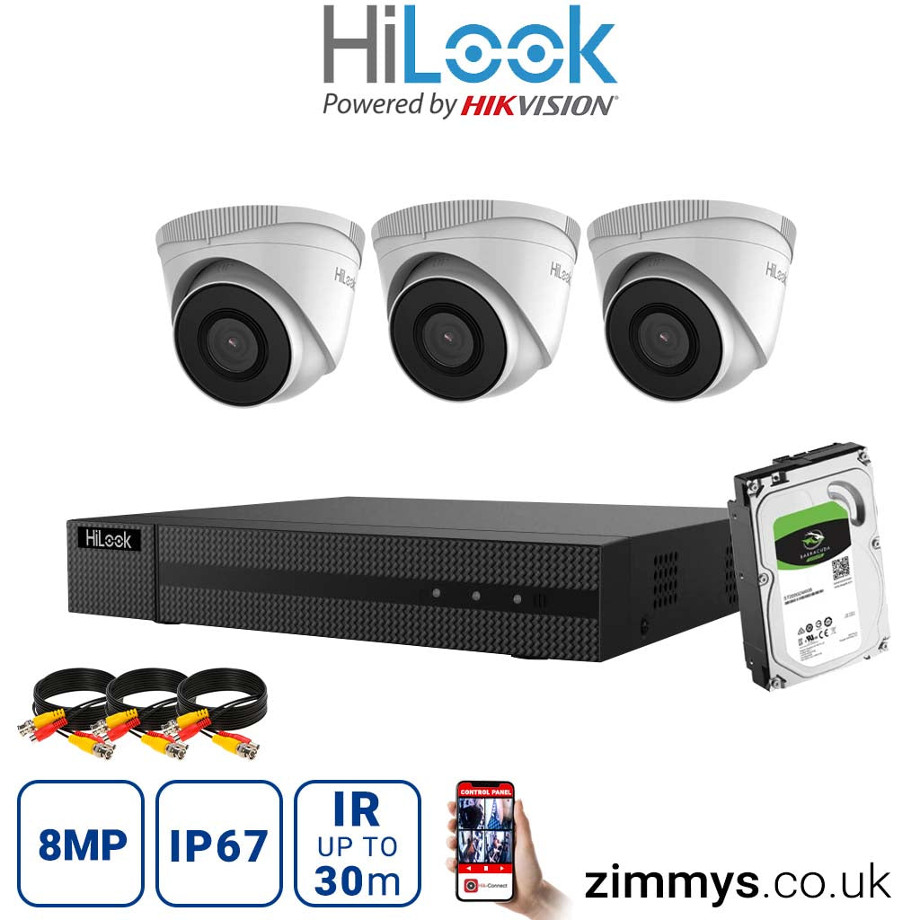 HIKVISION HiLook 8MP CCTV Kit 4 Channel NVR (NVR-104MH-C) with 3x Turret (IPC-T280H White) and 1TB HDD