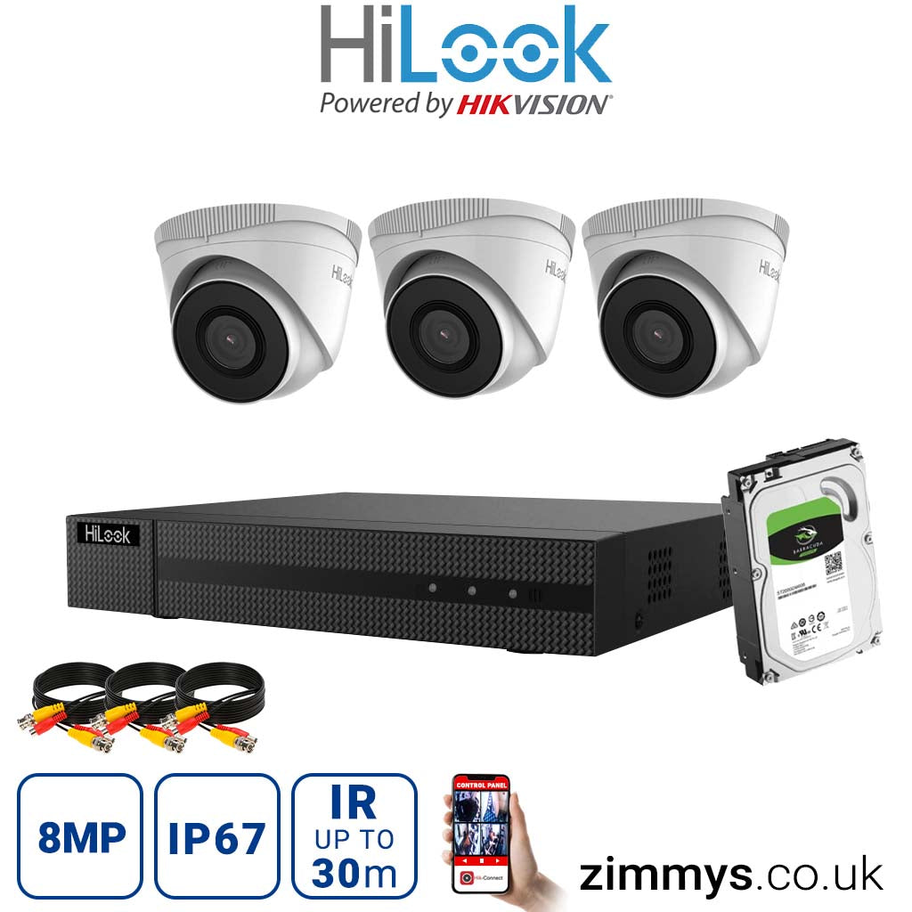 HIKVISION HiLook 8MP CCTV Kit 4 Channel NVR (NVR-104MH-C-BLACK) with 3x Turret (IPC-T280H/White) and 4TB HDD