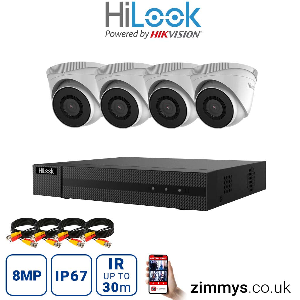 HIKVISION HiLook 8MP CCTV Kit 4 Channel NVR (NVR-104MH-C) with 4x Turret (IPC-T280H White) without HDD