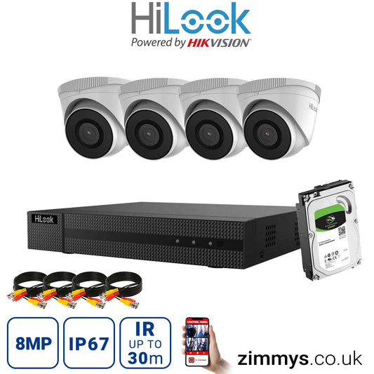 Hikvision HiLook 8MP CCTV Kit 8 Channel NVR (NVR-108MH-C) with 4x Turret (IPC-T280H White) and 6TB HDD