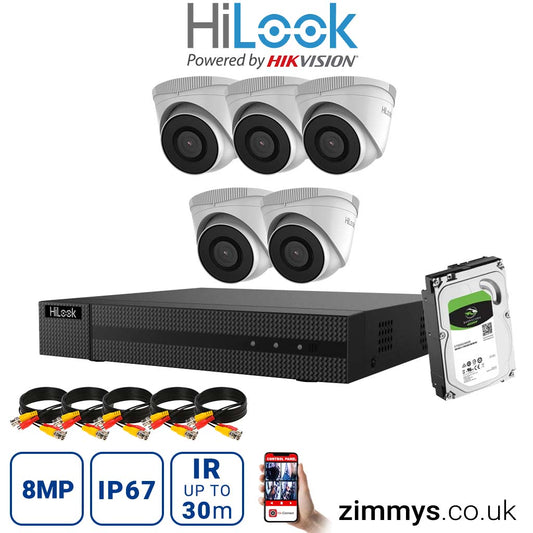 Hikvision HiLook 8MP CCTV Kit 8 Channel NVR (NVR-108MH-C) with 5x Turret (IPC-T280H White) and 1TB HDD