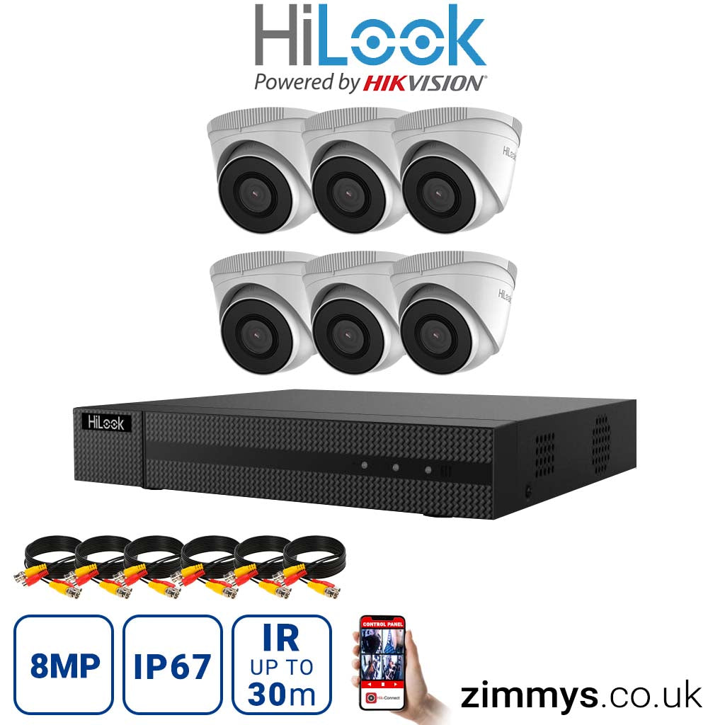 Hikvision HiLook 8MP CCTV Kit 8 Channel NVR (NVR-108MH-C) with 6x Turret (IPC-T280H White) without HDD