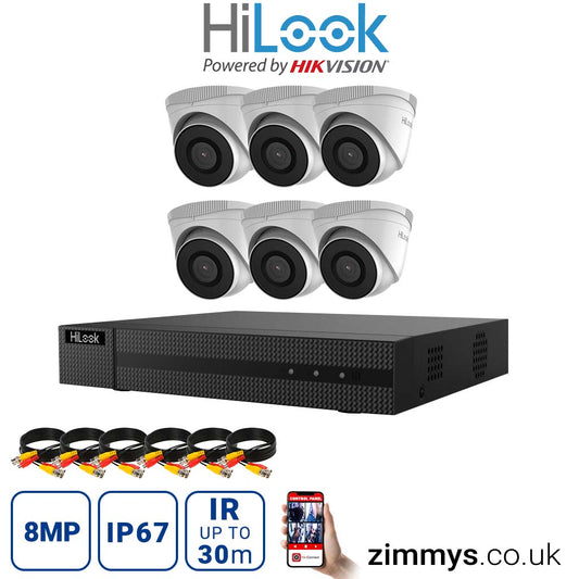 Hikvision HiLook 8MP CCTV Kit 8 Channel NVR (NVR-108MH-C) with 6x Turret (IPC-T280H White) without HDD