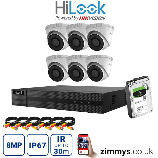 Hikvision HiLook 8MP CCTV Kit 8 Channel NVR (NVR-108MH-C) with 6x Turret (IPC-T280H White) and 4TB HDD
