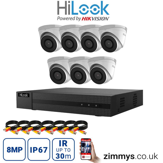 Hikvision HiLook 8MP CCTV Kit 8 Channel NVR (NVR-108MH-C) with 7x Turret (IPC-T280H White) without HDD