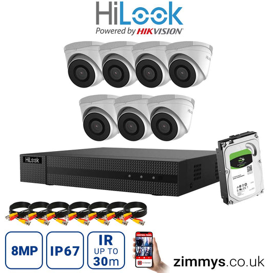 Hikvision HiLook 8MP CCTV Kit 8 Channel NVR (NVR-108MH-C) with 7x Turret (IPC-T280H White) and 1TB HDD