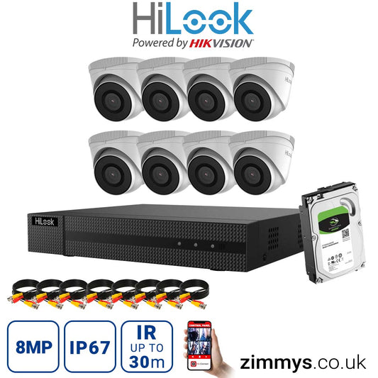 HIKVISION HiLook 8MP CCTV Kit 8 Channel NVR (NVR-108MH-C) with 8x Turret (IPC-T280H White) and 1TB HDD