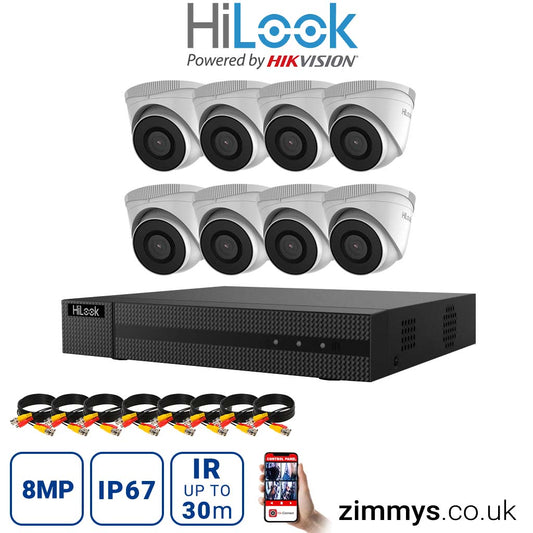 HIKVISION HiLook 8MP CCTV Kit 8 Channel NVR (NVR-108MH-C) with 8x Turret (IPC-T280H White) without HDD