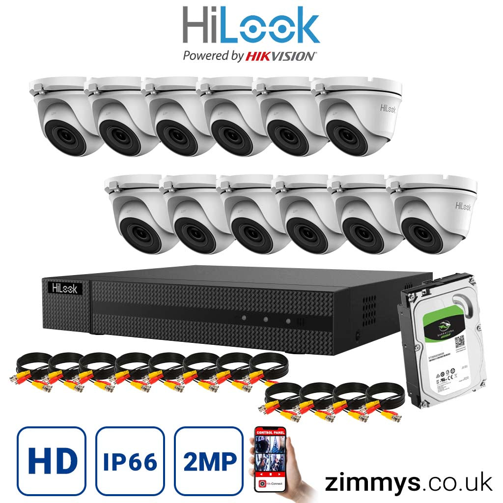 HIKVISION HiLook 2MP CCTV Kit 16 Channel DVR (DVR-216G-F1) with 12x Turret (THC-T120-MC White) and 1TB HDD