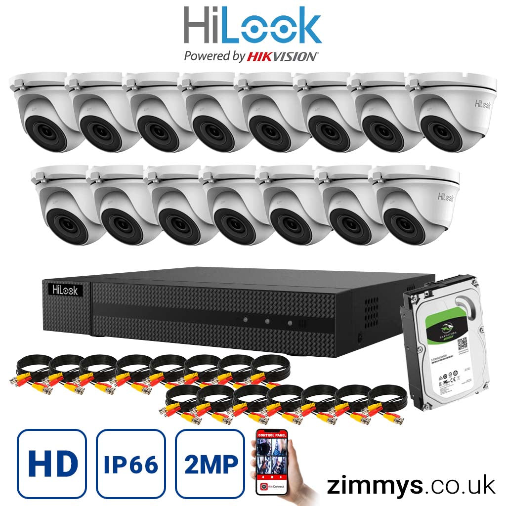 HIKVISION HiLook 2MP CCTV Kit 16 Channel DVR (DVR-216G-F1) with 15x Turret (THC-T120-MC White) and 6TB HDD