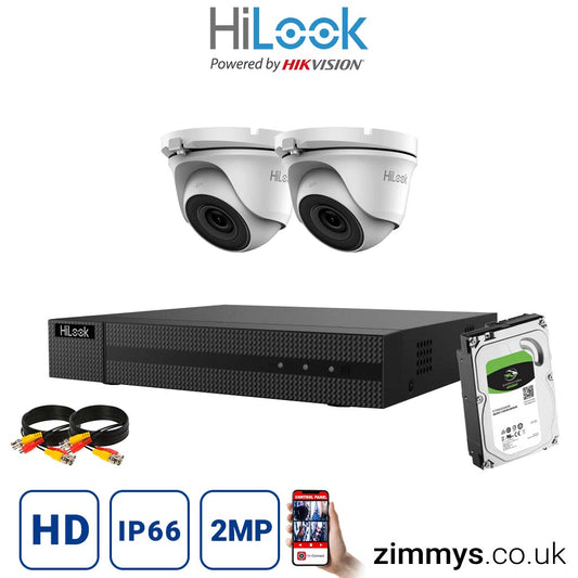 Hikvision HiLook 2MP CCTV Kit 4 Channel DVR (DVR-204G-F1) with 2x Turret (THC-T120-MC White) and 6TB HDD