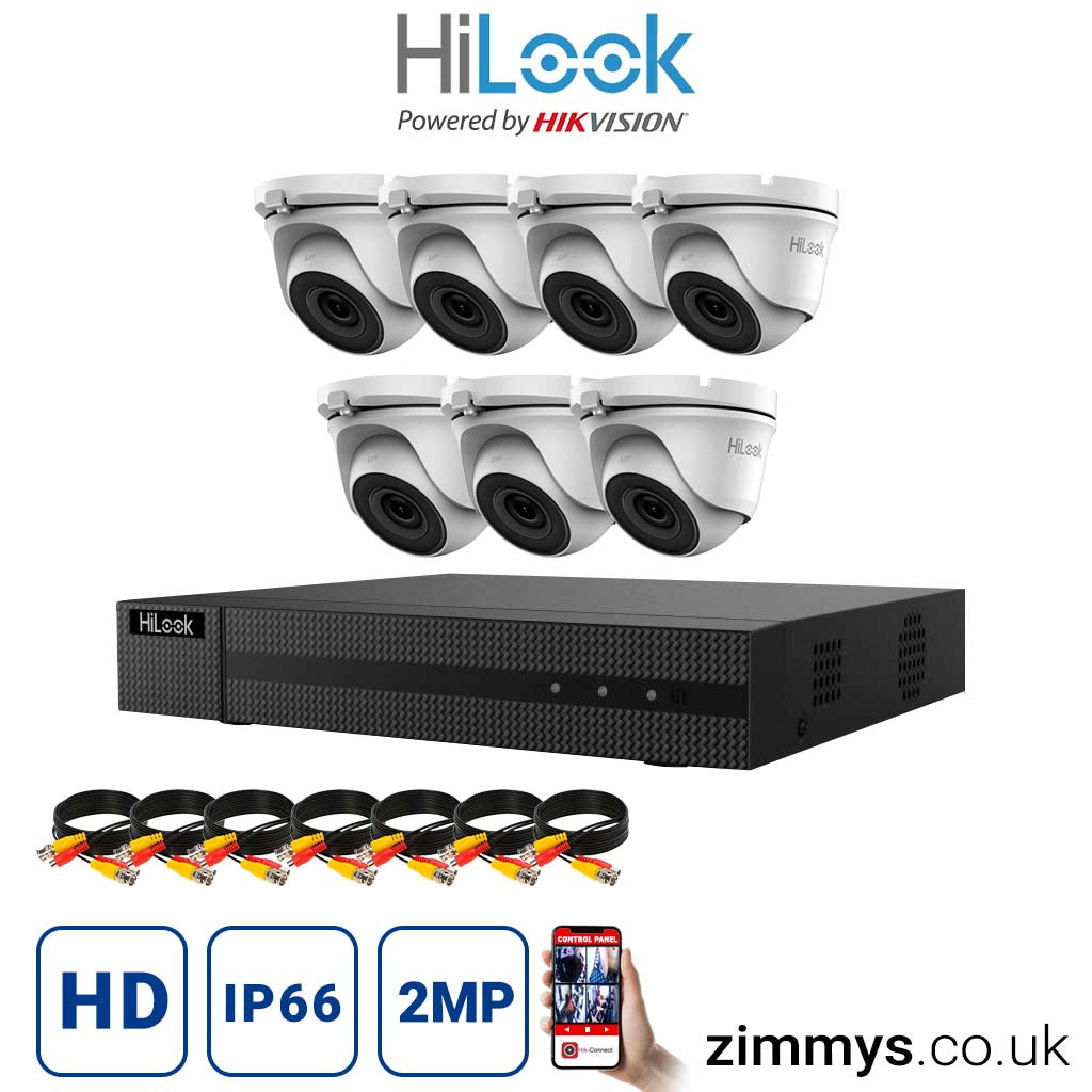 Hikvision HiLook 2MP CCTV Kit 8 Channel DVR (DVR-208G-F1) with 7x Turret (THC-T120-MC White) Without HDD