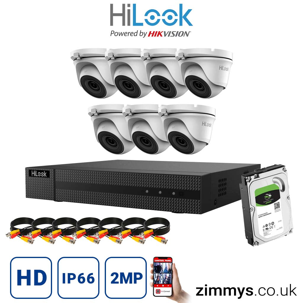 Hikvision HiLook 2MP CCTV Kit 8 Channel DVR (DVR-208Q-F1) with 7x Turret (THC-T120-MC White) and 1TB HDD