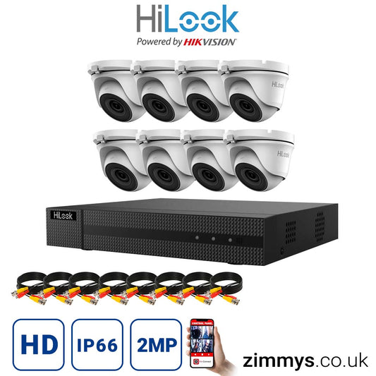 Hikvision HiLook 2MP CCTV Kit 8 Channel DVR (DVR-208G-F1) with 8x Turret (THC-T120-MC White) Without HDD