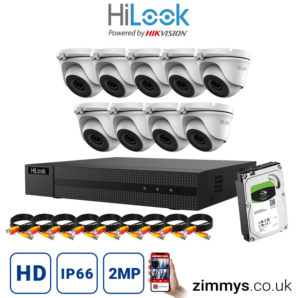 HIKVISION HiLook 2MP CCTV Kit 16 Channel DVR (DVR-216G-F1) with 9x Turret (THC-T120-MC White) and 1TB HDD