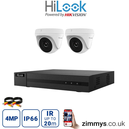 Hikvision HiLook 4MP CCTV Kit 4 Channel DVR (DVR-204Q-K1-BLACK) with 2x Turret (THC-T140-M/White) and without HDD
