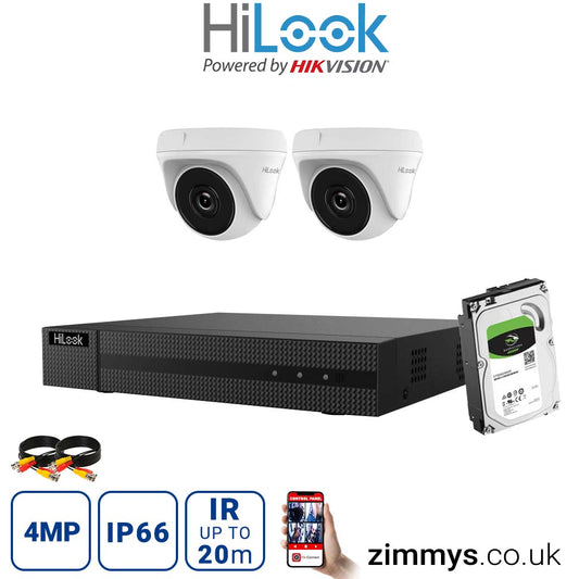 Hikvision HiLook 4MP CCTV Kit 4 Channel DVR (DVR-204Q-K1) with 2x Turret (THC-T140-M White) and 4TB HDD