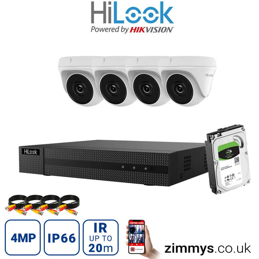 Hikvision HiLook 4MP CCTV Kit 4 Channel DVR (DVR-204Q-K1) with 4x Turret (THC-T140-M White) and 1TB HDD