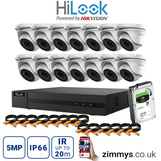 HIKVISION HiLook 5MP CCTV Kit 16 Channel DVR (DVR-216Q-K1) with 14x Turret (THC-T150-M White) and 2TB HDD