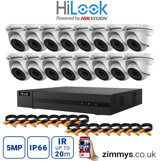 HIKVISION HiLook 5MP CCTV Kit 16 Channel DVR (DVR-216Q-K1) with 16x Turret (THC-T150-M White) Without HDD