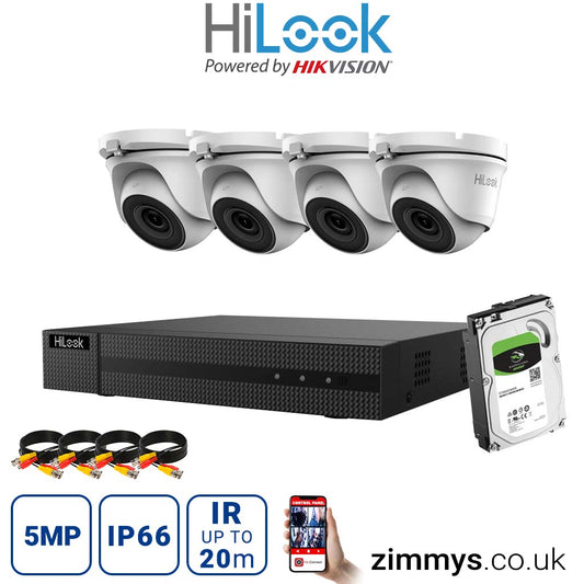 Hikvision HiLook 5MP CCTV Kit 4 Channel DVR (DVR-204Q-K1) with 4x Turret (THC-T150-M White) and 1TB HDD