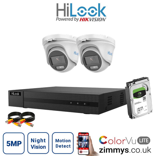 Hikvision HiLook 5MP CCTV Kit 4CH DVR (DVR-204U-K1) with 2x 3K ColorVu-Audio Camera (THC-T159-MS) and 1TB HDD