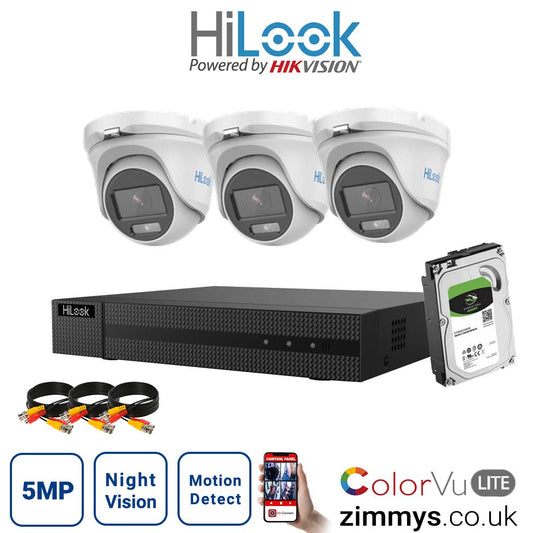 Hikvision HiLook 5MP CCTV Kit 4CH DVR (DVR-204U-K1) with 3x 3K ColorVu-Audio Camera (THC-T159-MS) and 1TB HDD