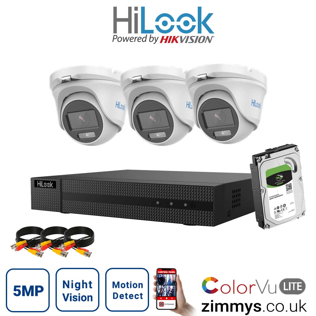 Hikvision HiLook 5MP CCTV Kit 4CH DVR (DVR-204U-K1) with 3x 3K ColorVu-Audio Camera (THC-T159-MS) and 4TB HDD