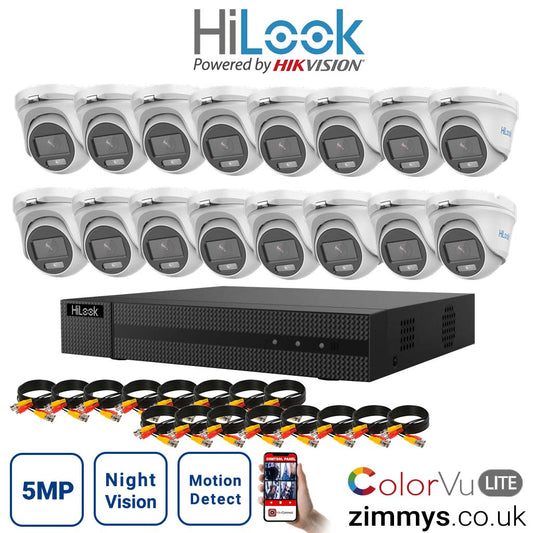 HIKVISION HiLook 5MP CCTV Kit 16 Channel DVR (DVR-216U-K1) with 16x Turret (THC-T159M White) Without HDD