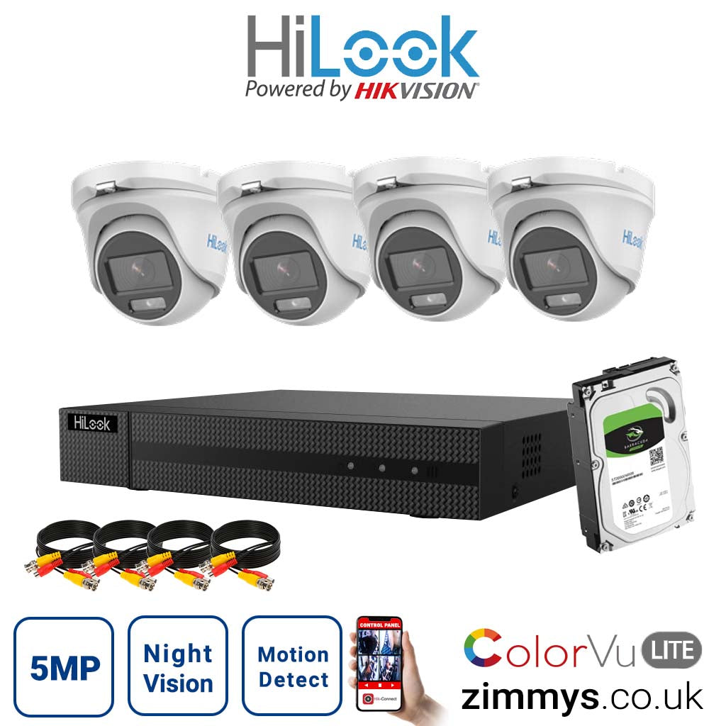 Hikvision HiLook 5MP CCTV Kit 4CH DVR (DVR-204U-K1) with 4x 3K ColorVu-Audio Camera (THC-T159-MS) and 1TB HDD