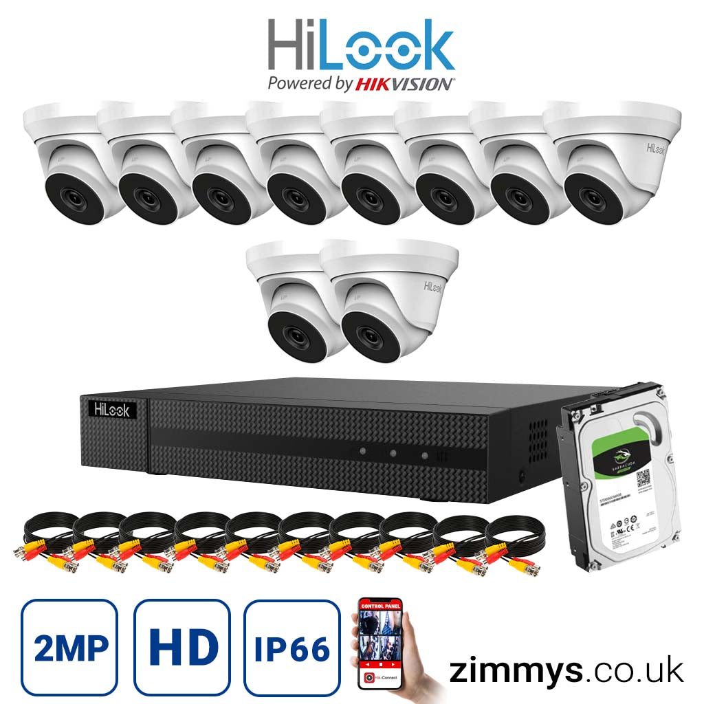 Hikvision HiLook 2MP CCTV Kit 16 Channel DVR (DVR-216U-K2) with 10x Turret (THC-T220-MC White) and 2TB HDD