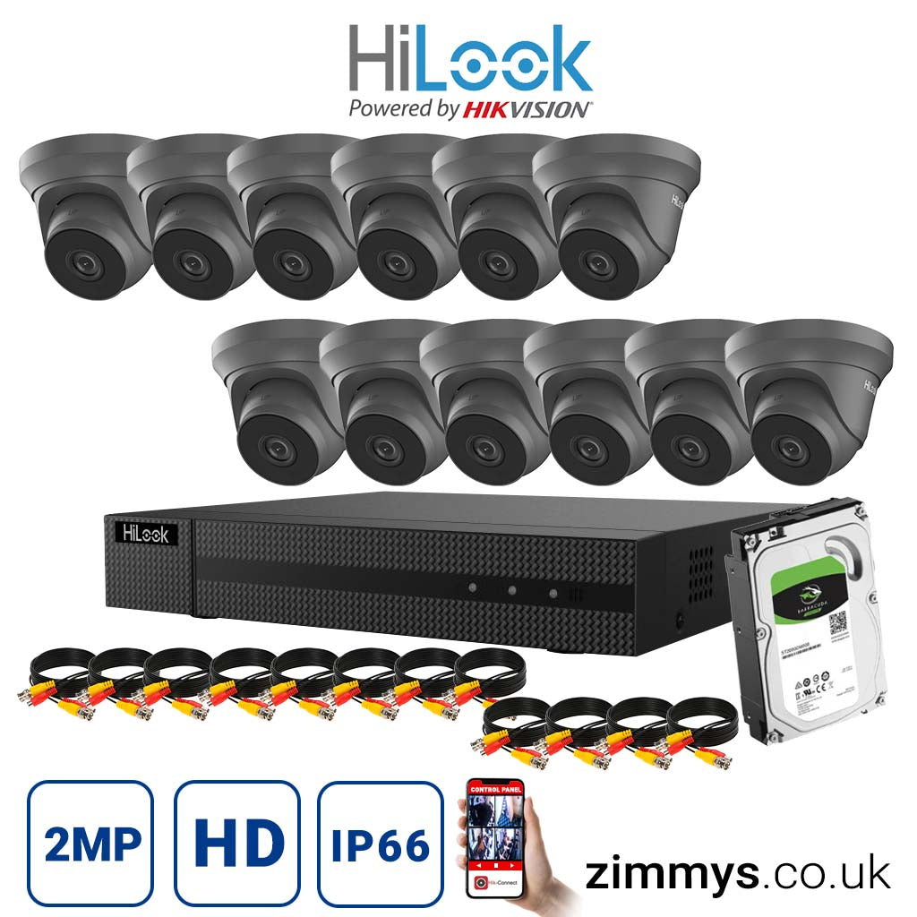 HIKVISION HiLook 2MP CCTV Kit 16 Channel DVR (DVR-216Q-F1) with 12x Turret (THC-T220-M grey) and 1TB HDD