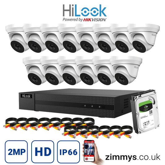 HIKVISION HiLook 2MP CCTV Kit 16 Channel DVR (DVR-216G-K1) with 14x Turret (THC-T220-M White) and 2TB HDD