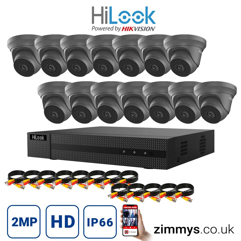 HIKVISION HiLook 2MP CCTV Kit 16 Channel DVR (DVR-216Q-F1) with 14x Turret (THC-T220-M grey) Without HDD