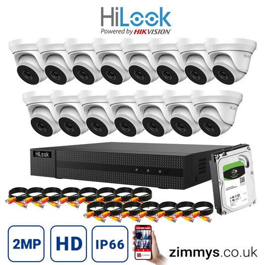 HIKVISION HiLook 2MP CCTV Kit 16 Channel DVR (DVR-216G-K1) with 15x Turret (THC-T220-M White) and 4TB HDD