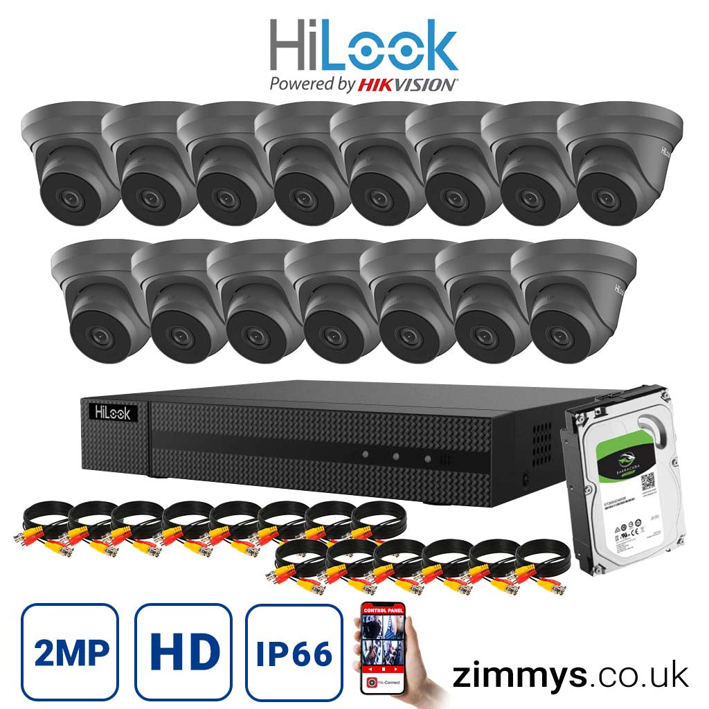 HIKVISION HiLook 2MP CCTV Kit 16 Channel DVR (DVR-216Q-F1) with 15x Turret (THC-T220-M grey) and 4TB HDD