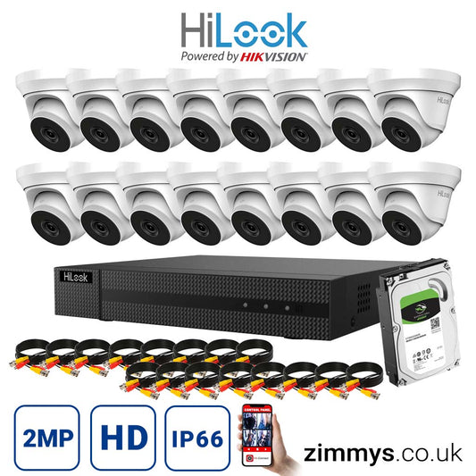 HIKVISION HiLook 2MP CCTV Kit 16 Channel DVR (DVR-216G-K1) with 16x Turret (THC-T220-M White) and 6TB HDD