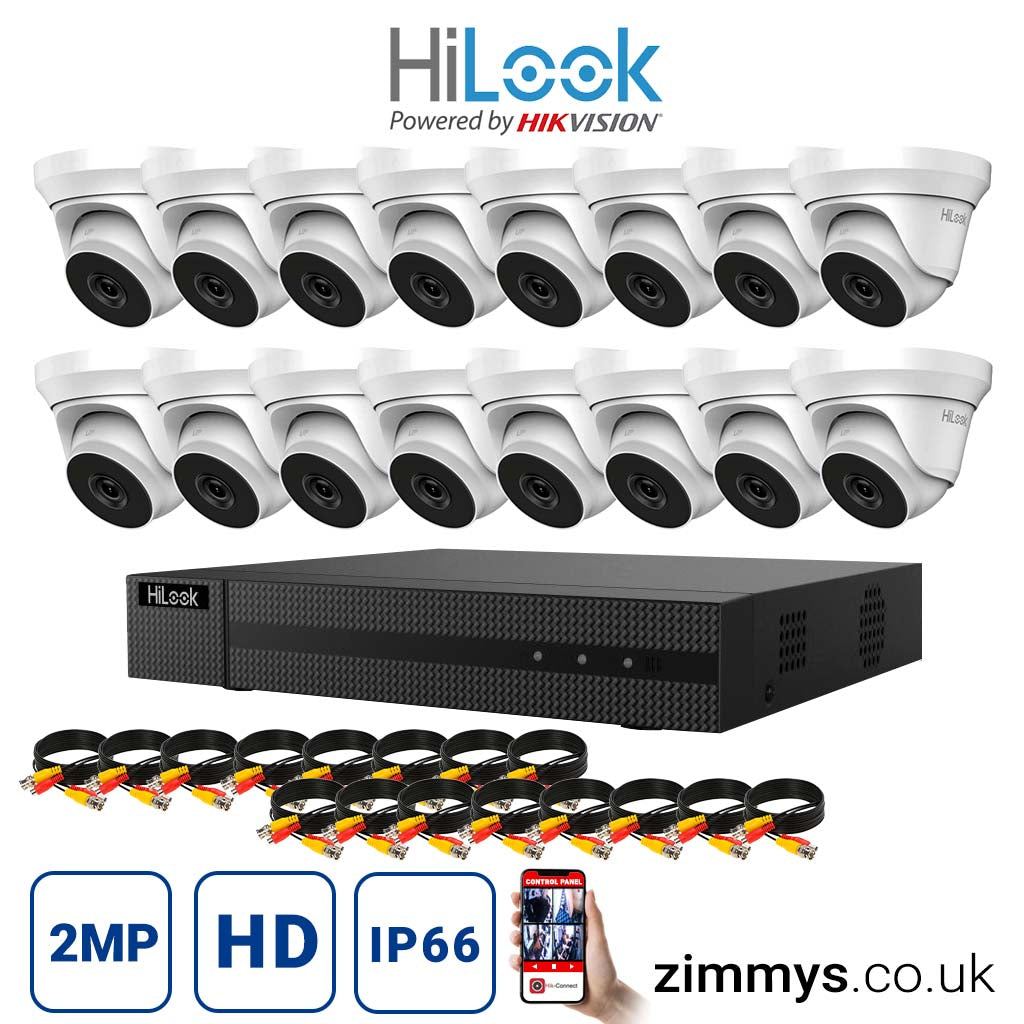 HIKVISION HiLook 2MP CCTV Kit 16 Channel DVR (DVR-216G-K1) with 16x Turret (THC-T220-M White) Without HDD