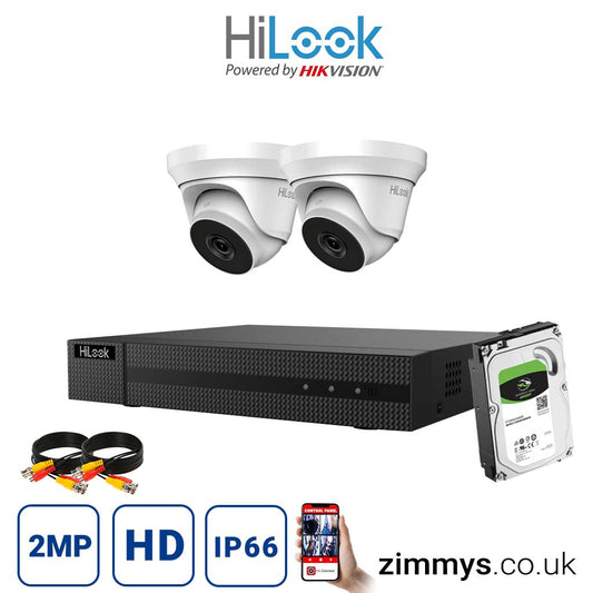 Hikvision HiLook 2MP CCTV Kit 4 Channel DVR (DVR-204G-F1) with 2x Turret (THC-T220-M White) and 2TB HDD