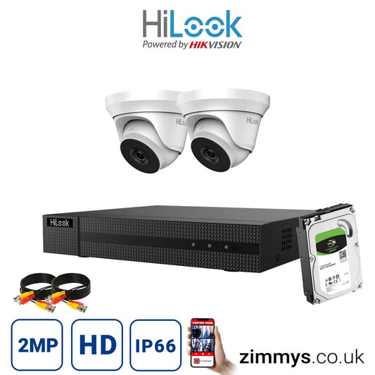 Hikvision HiLook 2MP CCTV Kit 8 Channel DVR (DVR-208U-K1) with 2x Turret (THC-T220-MC White) and 2TB HDD