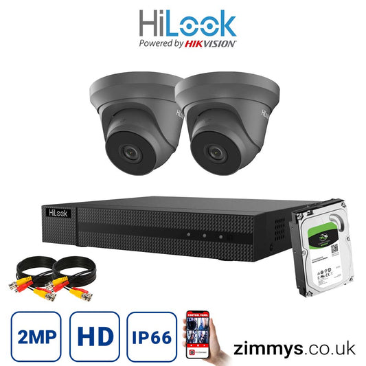 Hikvision HiLook 2MP CCTV Kit 4 Channel DVR (DVR-204Q-F1) with 2x Turret (THC-T220-M grey) and 4TB HDD