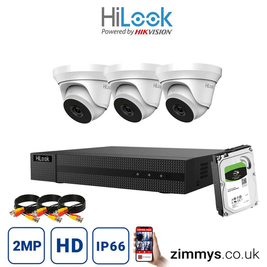 Hikvision HiLook 2MP CCTV Kit 4 Channel DVR (DVR-204G-F1) with 3x Turret (THC-T220-M White) and 2TB HDD