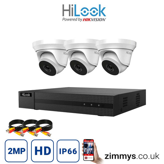 Hikvision HiLook 2MP CCTV Kit 4 Channel DVR (DVR-204Q-F1-BLACK) with 3x Turret (THC-T220-M/White) and Without HDD