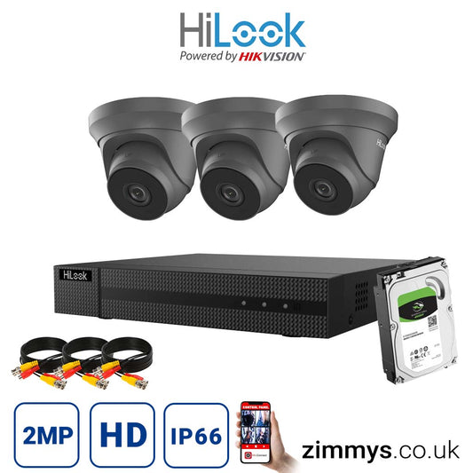 Hikvision HiLook 2MP CCTV Kit 4 Channel DVR (DVR-204G-F1) with 3x Turret (THC-T220-M Grey) and 3TB HDD