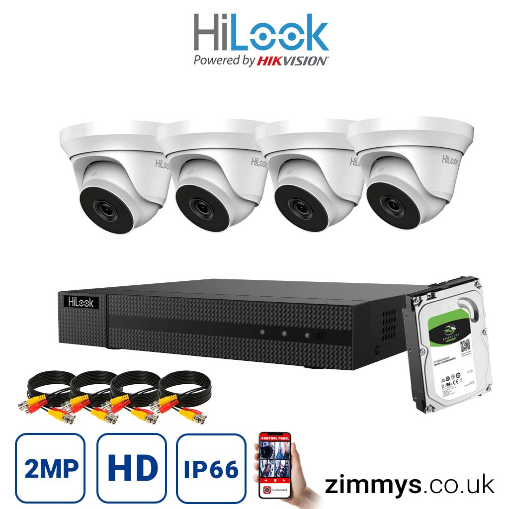 Hikvision HiLook 2MP CCTV Kit 8 Channel DVR (DVR-208G-K1) with 4x Turret (THC-T220-M White) and 1TB HDD