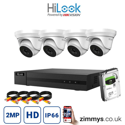 Hikvision HiLook 2MP CCTV Kit 4 Channel DVR (DVR-204G-F1) with 4x Turret (THC-T220-M White) and 2TB HDD