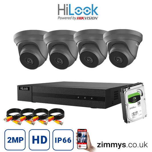 Hikvision HiLook 2MP CCTV Kit 8 Channel DVR (DVR-208G-F1) with 4x Turret (THC-T220-M Grey) and 2TB HDD